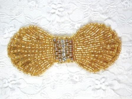 0434  Gold Rhinestone Bow Beaded Applique 4.5"-applique,gold,bow,rhinestone,beaded