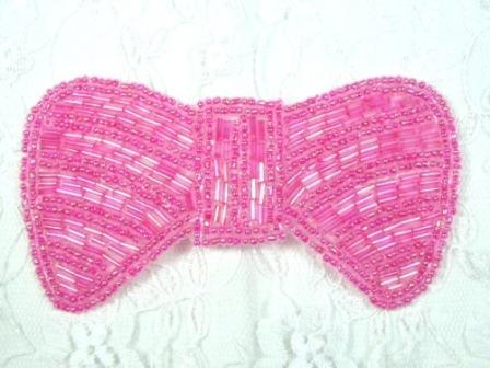0435  Fuchsia AB Bow Beaded Applique 4"-applique,beaded,bow,tie,fuchsia