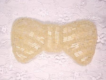 0435  Ivory Bow Beaded Applique 4"-applique,beaded,bow,tie,ivory