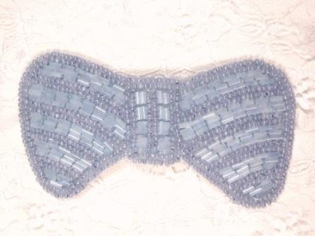 0435  Lt. Blue Bow Beaded Applique 4"-applique,beaded,bow,tie,blue