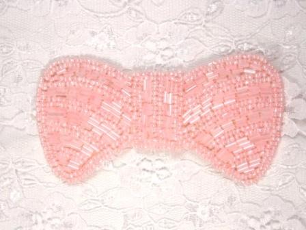 0435  Pink Bow Beaded Applique 4"-applique,beaded,bow,tie,pink