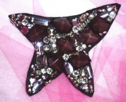 0448  Black Plum Rhinestone Jeweled Beaded Applique 4.75"-rhinestone,beaded,applique,trimmings,embellishment,motif,yoke,plum,black,motif, 
