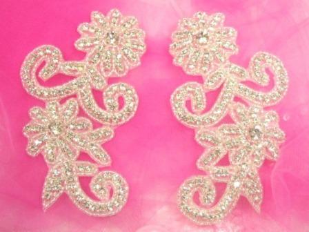 0469 Austrian Rhinestone Floral Mirror Pair Appliques  5.5"-applique,rhinestone,beaded,floral,flower,trim,pair