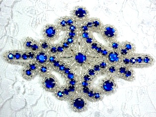 0470 Blue Silver Rhinestone Beaded Hair Bow / Brooch / Applique 4"