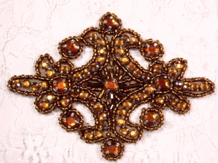 0470  Bronze Rhinestone Jewel Beaded Hair Bow / Brooch / Applique 4"