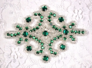 0470 Green Silver Rhinestone Beaded Hair Bow / Brooch / Applique 4"