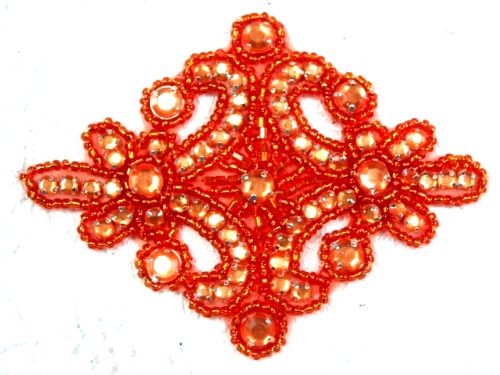 0470 Orange Rhinestone Beaded Hair Bow / Brooch / Applique 4"