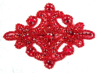 0470 Red Rhinestone Beaded Hair Bow / Brooch / Applique 4"