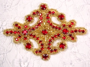 0470 Red Gold Rhinestone Beaded Hair Bow / Brooch / Applique 4"