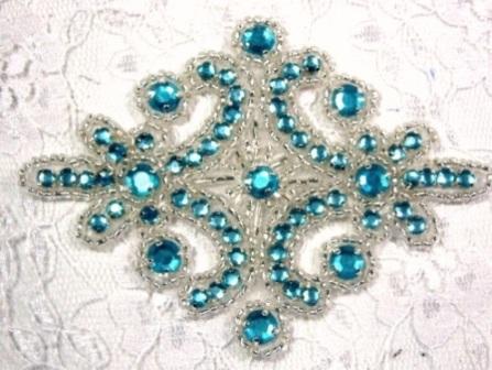 0470  Turquoise Silver Rhinestone Beaded Hair Bow / Brooch / Applique 4"