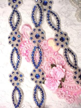 0474  Blue & Silver Rhinestone Jewel Floral Trim 1.25"-trim,blue,silver,rhinestone,beaded,floral,flower,trim