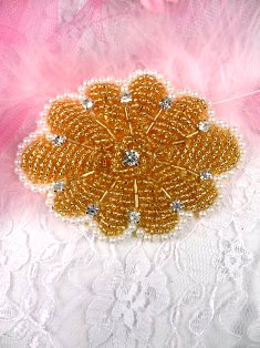 0489 Gold Crystal Pearl Beaded Rhinestone Applique 3"