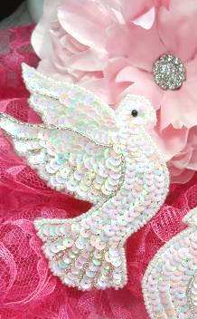 0495 White Dove Mirror Pair Beaded Sequin Appliques