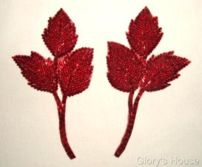 Red Leaf 6" Mirror Pair Beaded Applique  K8128