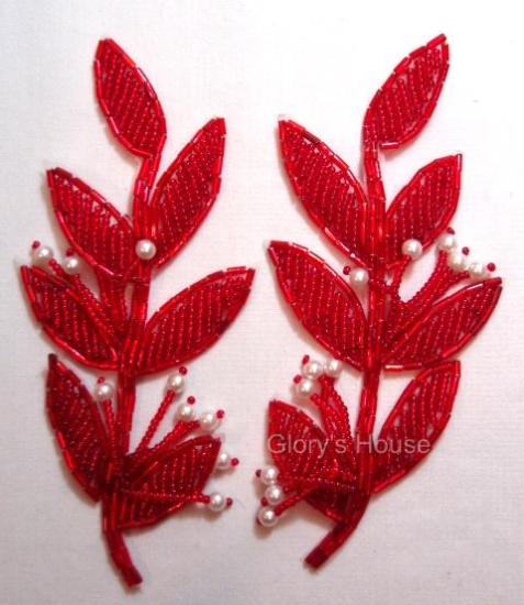 Red Leaf Mirror Pair 5.25" Beaded Appliques K8274-sequin,beaded,applique,sequined,beads,sequins,appliques,red,leaf