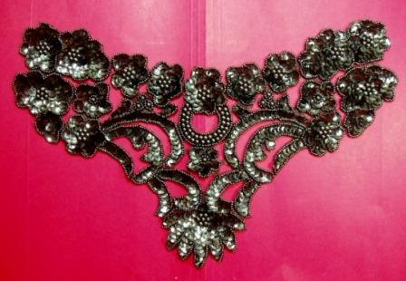 K8902  Gunmetal Bodice Yoke  Sequin Beaded Applique 12.75"