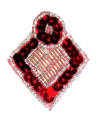 K1194  Red and Silver Diamond Sequin Beaded Applique  2.25"-red,sequin,beaded,appliques,embellishment,motif,circle,diamond,silver