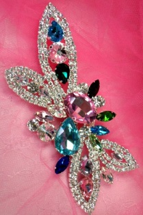 TS1 Silver Glass Multi Color Rhinestone Applique Embellishment  5.75"