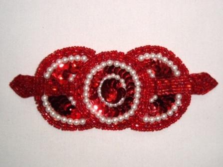 HB6321   Red Pearl Triple Circle Hair Bow  5.25"-hair,bow,applique,trimmings,embellishment,pearl,motif,circle,red, 