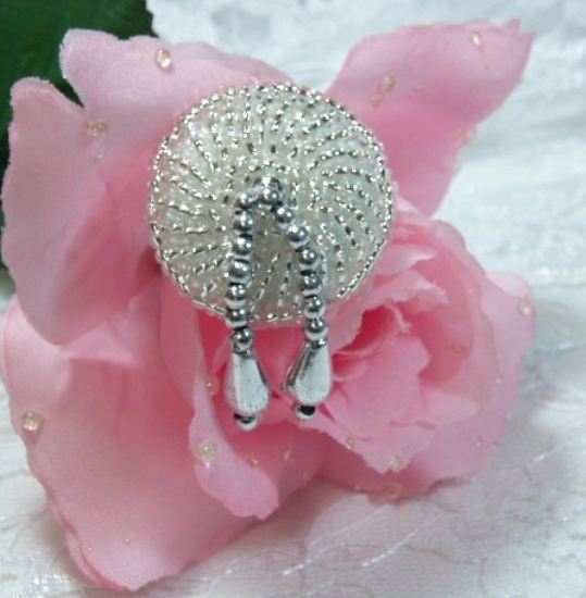 Silver 1.75"  Beaded Dangle Button Closure 0115-sequin,beaded,applique,sequined,beads,sequins,appliques,silver,dangle,button