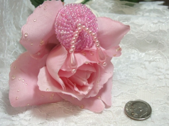 Pink 1.75"  Beaded Dangle Button Closure 0115-sequin,beaded,applique,sequined,beads,sequins,appliques,pink,dangle