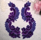 Purple 8"  Mirror Pair Sequin Beaded Appliques 0180