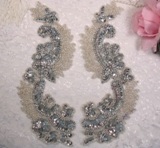 Silver  8"  Mirror Pair Sequin Beaded Appliques 0180