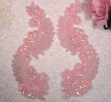 Pink Crystal AB  8"  Mirror Pair Sequin Beaded Appliques 0180