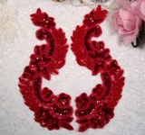 Red  8"  Mirror Pair Sequin Beaded Appliques 0180