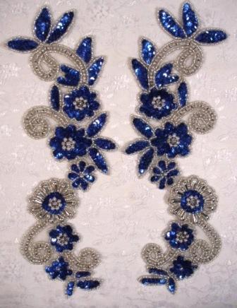 Blue & Silver  Mirror Pair Sequin Beaded Appliques 0183