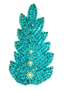K1397 Turquoise Pearl Leaf Beaded Applique 2.5"-turquoise,beaded,pearl,leaf,nature,applica,appliques,sequin