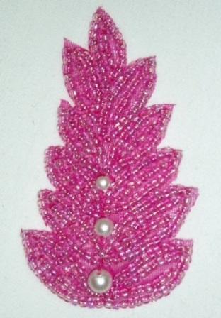 K1397 Fuchsia Pearl Leaf Beaded Applique 2.5"-fuchsia,beaded,pearl,leaf,nature,applique,appliques,sequin