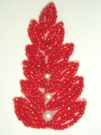 K1397  Red Pearl Leaf Beaded Applique 2.5"-red,beaded,pearl,leaf,nature,appliques,sequin,applique