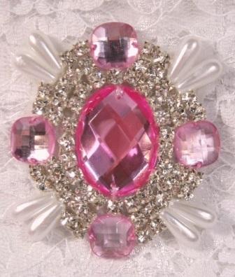 0024 Pink Rhinestone White Pearl Beaded  Applique 2.5"-embellishment,sewing,beaded,bead,applique,pink,rhinestone,pearl,brooch