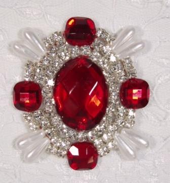 0024  Red Rhinestone Beaded Pearl  Applique 2.5"-embellishment,sewing,beaded,bead,applique,red,rhinestone,pearl,brooch