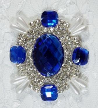 0024 Blue Rhinestone Pearl Beaded  Applique 2.5"-embellishment,sewing,beaded,bead,applique,blue,rhinestone,pearl,brooch