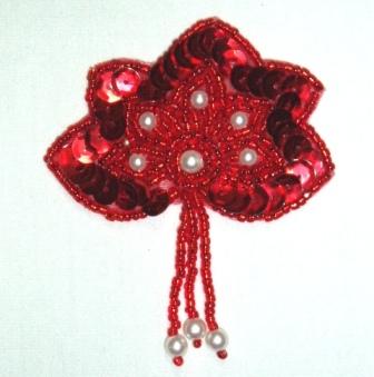 K1464 Red Pearl Leaf  Dangle Sequin Beaded Applique 3"