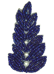 K1397 Blue Pearl Leaf Beaded Applique 2.5"-blue,beaded,pearl,leaf,nature,appliques,sequin,applique