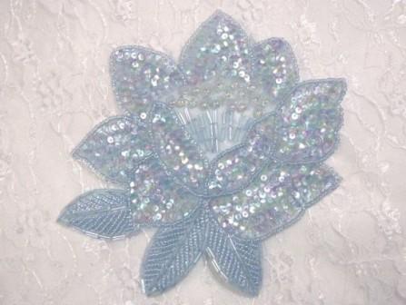 K8108  Lt. Blue Crystal Flower Sequin Beaded Applique 5.25"