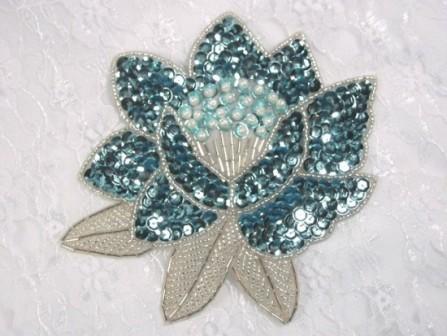 K8108  Aqua Ice Blue Sequin Beaded Applique 5.25"