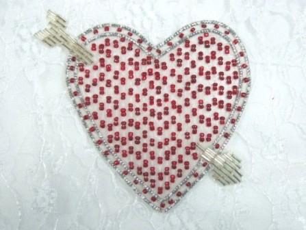k9293  Silver Red Heart Beaded Applique 3.25"