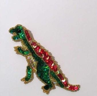 E176 Green T-Rex Dinosaure Sequin Beaded Applique 4"