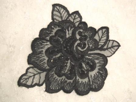 E2708  Black (left) Venice Lace Floral Sequin Beaded Applique 5.5"-black,venice,lace,venise,victorian,embellishment,sewing,clothing,sequin,beaded,bead,sequins,applique,motif,sewing,beaded,left