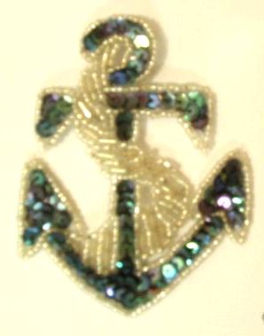 0320    Anchor Sequin Beaded Applique 3.5"-anchor,nautical,novelty,gold,sequin,beaded,applique,trimmings,embellishment,orange,rhinestone,oval,motif 