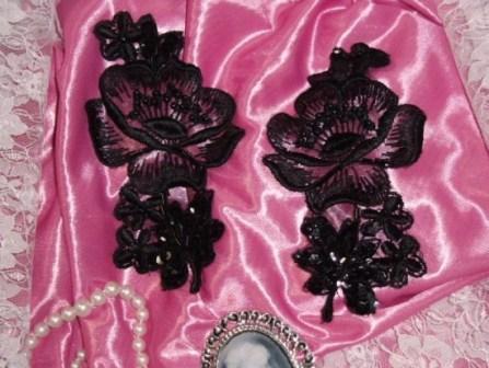 K32  Black Floral Venise Lace Sequin Beaded Applique Pair  5"