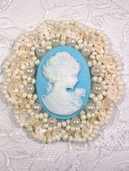 0347  Ivory / Blue Victorian Cameo Sequin Beaded Applique Brooch 2"-ivory,blue,victorian,cameo,embellishment,sewing,clothing,sequin,beaded,bead,sequins,applique,motif,sewing,beaded,brooch  