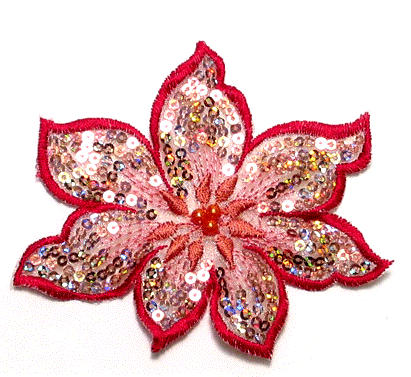 E5934 Designer Floral Embroidered Sequin Beaded Applique 4"-orange,pink, embroidered,venice,lace,victorian,embellishment,sewing,clothing,sequin,beaded,bead,sequins,applique,motif,sewing,beaded,  