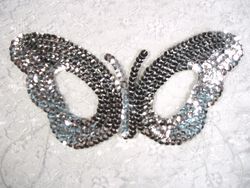 K60  Silver Butterfly  Mask Sequin Applique 8"-silver,kelly,green,mask,mardi,gras,applique,trim,sewing,embellishment,sewing,clothing,beaded,bead,applique,motif,sewing,beaded, 