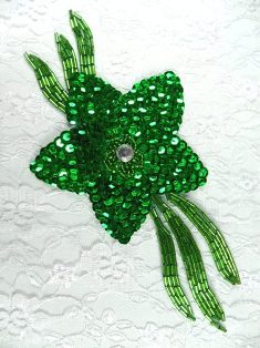 K8511 Green Crystal Floral Sequin Beaded Applique 7"