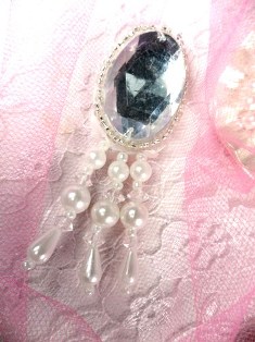 0341 Reduced Silver White Jewel Dangle Beaded Applique 3"